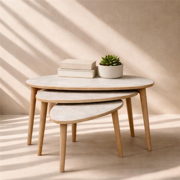 3'lü Mermer Desenli Sehpa Seti 