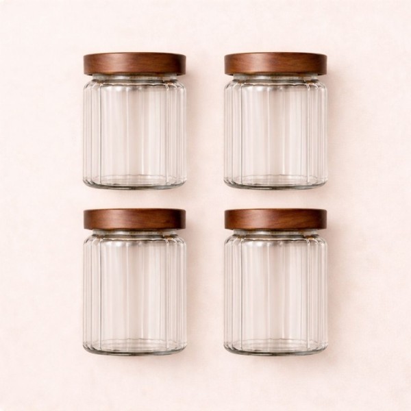 4’lü Akasya Kapaklı Çizgili Cam Kavanoz Seti – Doğal Ahşap Kapaklı Saklama Kabı