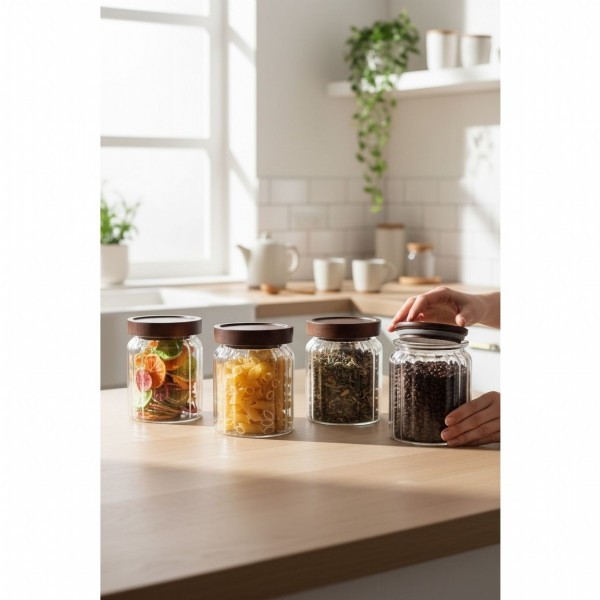 4LÜ AKASYA KAPAKLI ÇİZGİLİ CAM KAVANOZ SETİ